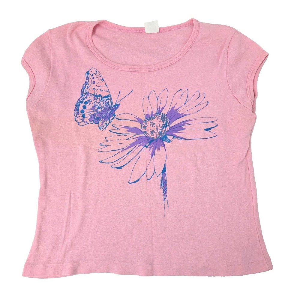 VTG 1982 Women's Baby Tee Graphic Shirt Sz Lg 50/50 USA Made Butterfly Flower